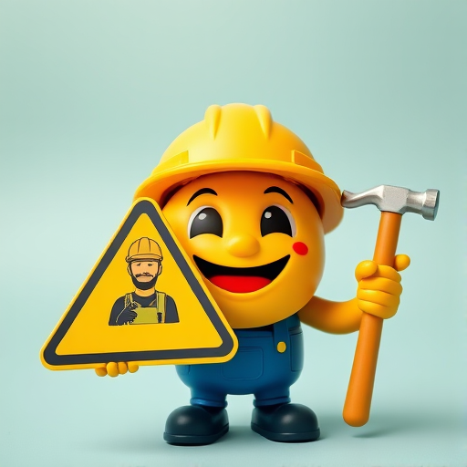 Create an image of a cheerful construction emoji holding a warning sign with a construction worker and a hammer, using a vibrant color palette, lens focus at f/2.8, captured with a DSLR camera, shot from a slight low angle to enhance depth, and utilize bright lighting for clarity.
