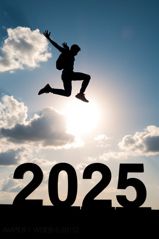 A silhouette of a person jumping over the years 2024 and 2025, with a blue sky background featuring clouds and a sun, shot with a DSLR camera at f/8 aperture, 1/200 sec shutter speed, ISO 100, 50mm lens, in landscape orientation for enhanced clarity and depth.