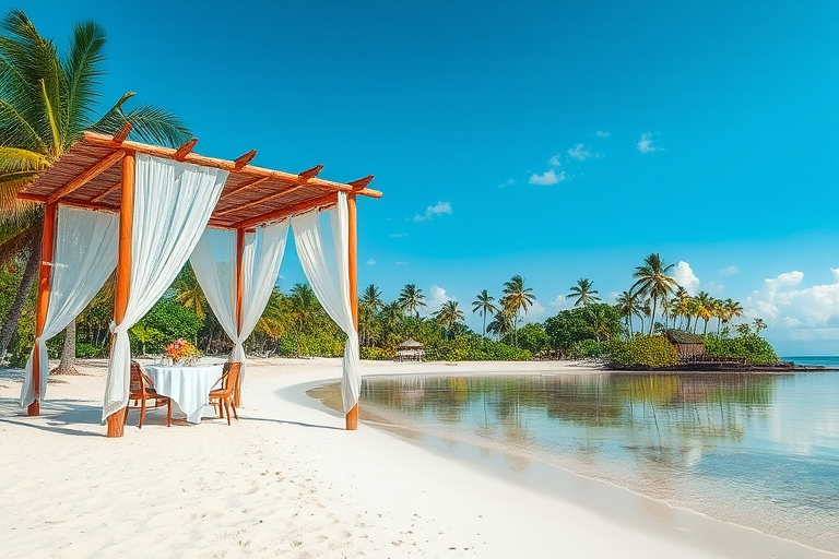 Create a picturesque tropical beach scene featuring a serene, white sandy shore. In the foreground, there's a rustic wooden canopy with white drapes gently flowing in the breeze. Underneath the canopy, a table is set with tropical decor, evoking a sense of relaxation and leisure. The beach extends into a calm, shallow water area with reflections of the sky and surroundings. Palm trees and lush greenery line the edge of the beach, providing a natural, tropical backdrop. The sky is clear with a few scattered clouds, and the overall atmosphere is tranquil and inviting, perfect for a peaceful retreat.