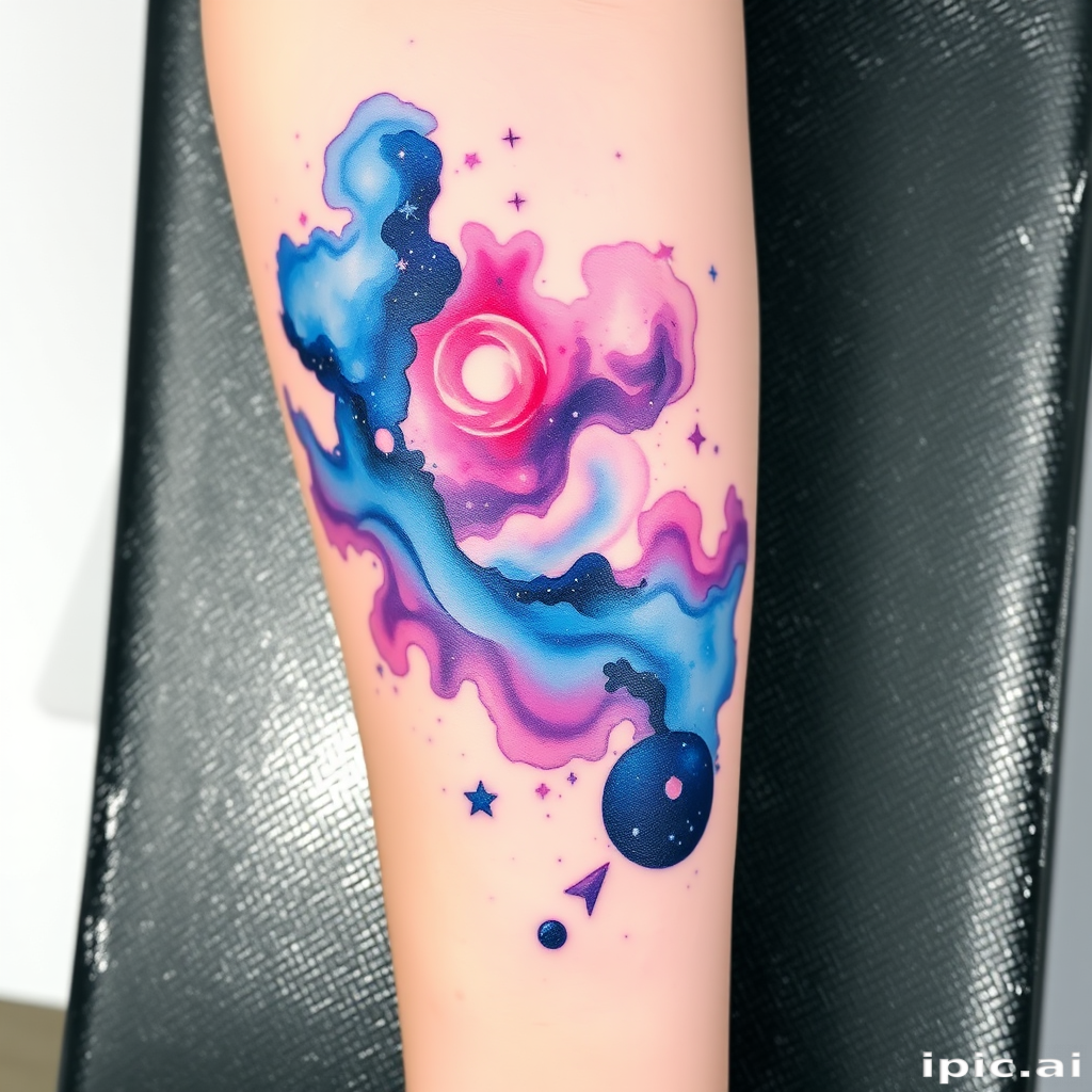 Cosmic watercolor tattoo portraying a nebula-inspired galaxy scene, vibrant swirls of blues, purples, and pinks, ethereal stardust and celestial bodies, dreamy and otherworldly