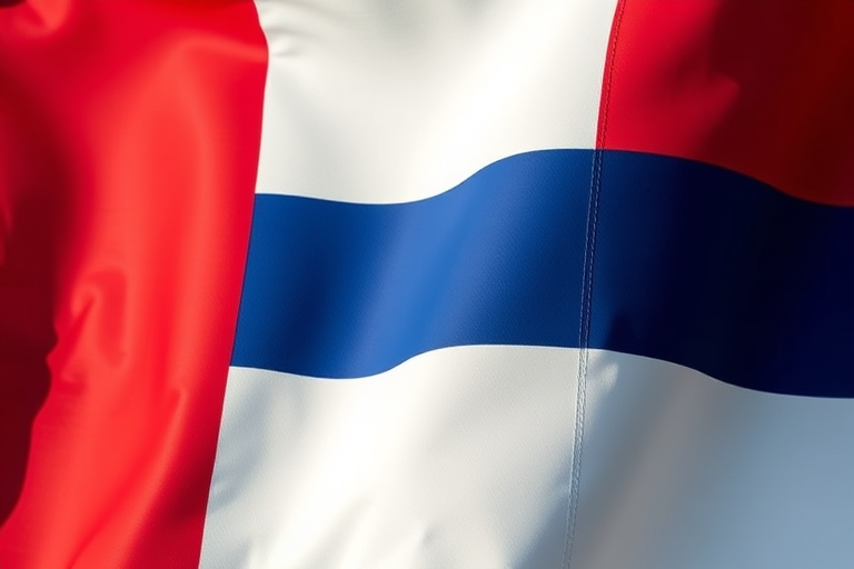 Create a high-resolution image of the Netherlands flag, using a DSLR camera with a 50mm lens, aperture set to f/8, ISO 100, and natural lighting with a slight vignette effect to enhance colors.