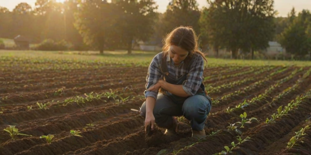Quiet farm field at dawn, the sun just beginning to rise, a woman in overalls kneels in the soil, planting seeds, her hands gently working the earth as morning dew sparkles around her.