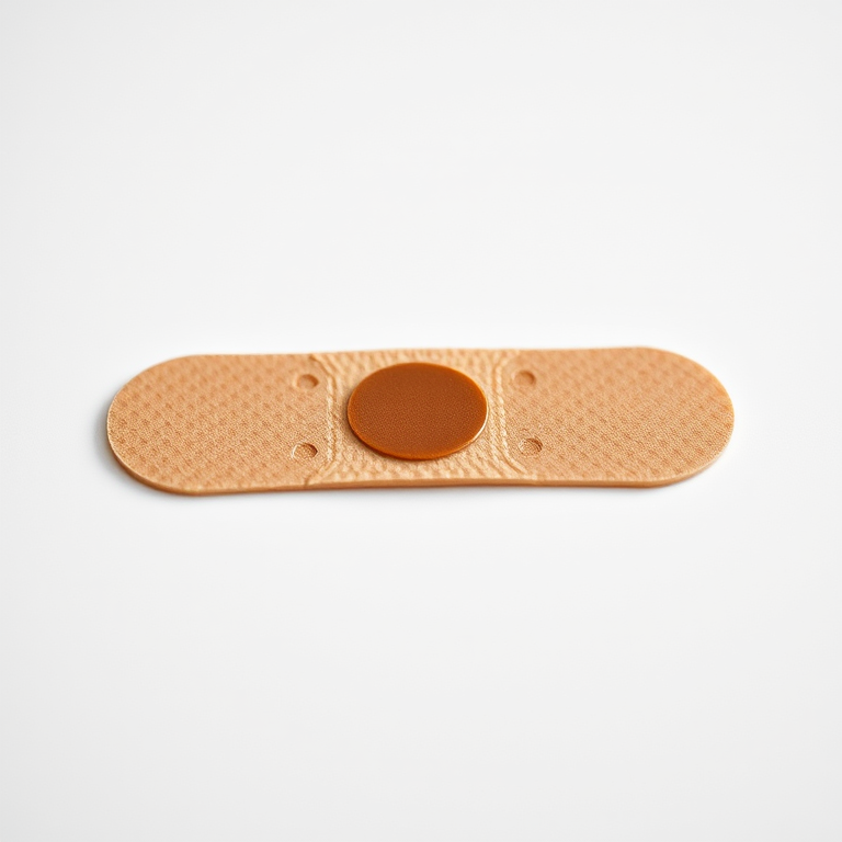 Create a realistic close-up image of a band-aid with a brown center on a white background, using a DSLR camera with a 50mm lens at f/2.8, ISO 100, and a shallow depth of field for enhanced focus on the band-aid while softly blurring the background.
