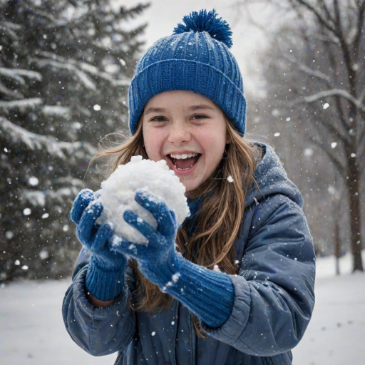 A hyperdetailed photorealistic macro image black and white pencil sketch of a young girl getting hit by a snowball during a snowball fight. She is wearing a brilliant sapphire blue wool beanie and bright blue mittens. She is trying to block the snowball by putting her hands up. The snowball hits her beanie and disintegrates into myriad tiny snowflakes caught with high speed photography. The girl is laughing and having a wonderful time.