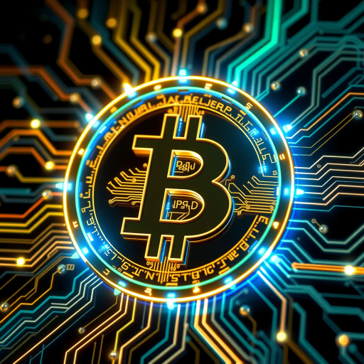 Imagine a Bitcoin symbol (₿) intricately designed as part of a futuristic, glowing circuit board. The ₿ is central, composed of metallic gold and silver lines, seamlessly blending into the web of circuits surrounding it. Blue and green LED-style lights trace through the circuits, making it look like Bitcoin is powering a digital network. The background is dark, with neon accents highlighting the tech vibe, symbolizing the digital and decentralized nature of Bitcoin