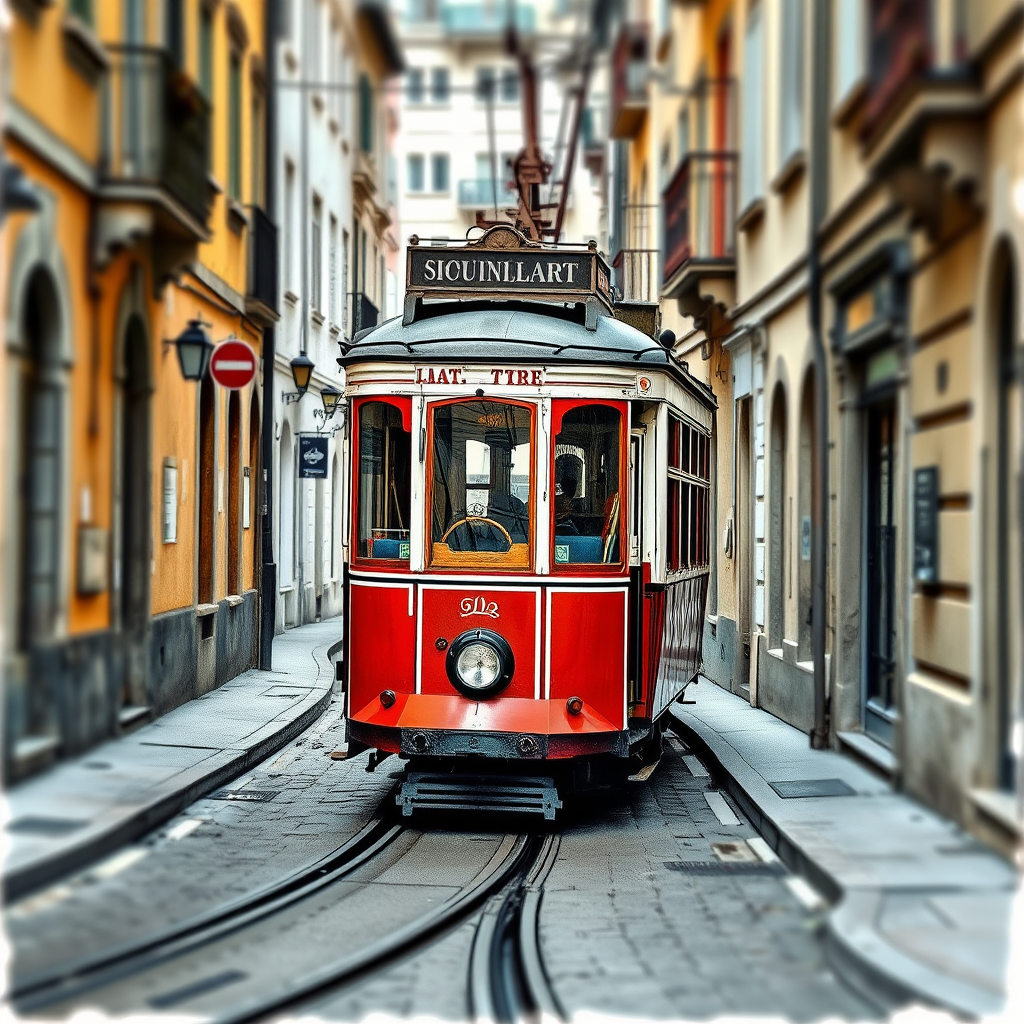 Create a high-resolution sketch of a vintage tram navigating through a narrow street in a charming urban setting, with a focus on intricate details and textures, using a DSLR camera with a 50mm lens, aperture set to f/1.8, ISO 200, and a slight tilt-shift effect to enhance depth.