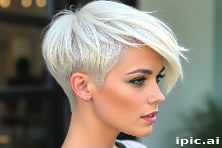 Stunning platinum blonde pixie cut with textured layers, showcasing a daring asymmetrical design and soft, feathered edges, exuding modern elegance and effortless style