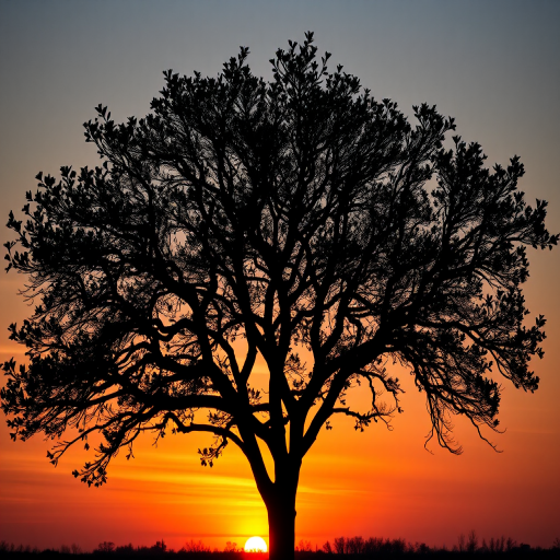 Create a high-resolution silhouette of a tree on a sunset background, captured with a Canon EOS R5, 50mm lens, aperture f/1.8, ISO 200, at a low angle to enhance the color gradient in the sky.