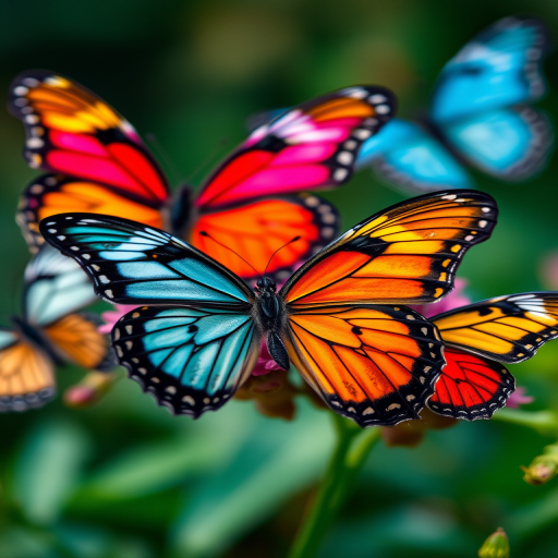 Create a vibrant, high-resolution image of colorful butterflies in various patterns and styles, using a Canon EOS R5 with an aperture of f/2.8, ISO 100, and a focal length of 50mm, in a macro photography style with soft natural lighting.