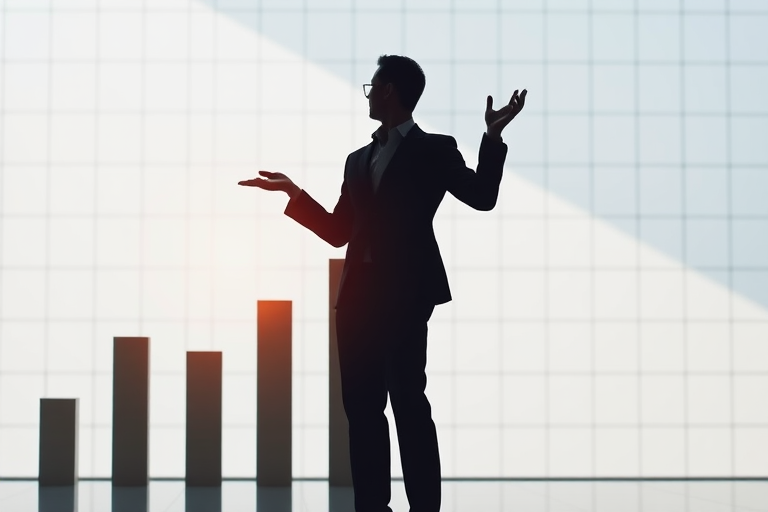 Create a silhouette image of two business professionals gesturing towards a rising bar graph, with a clean, grid background, using a high-resolution camera, 50mm lens, f/2.8 aperture, ISO 100, and soft natural lighting for a professional look.