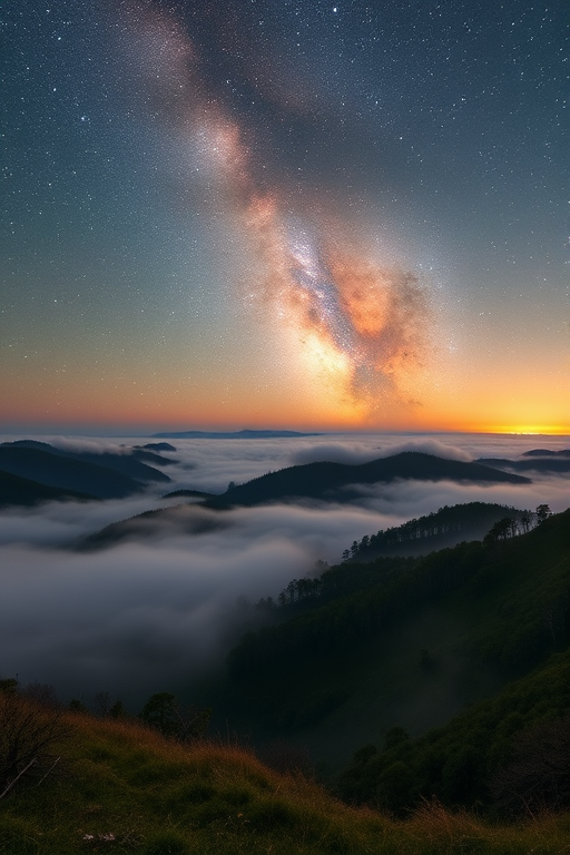 Capture a stunning panoramic view of the Milky Way over rolling hills shrouded in fog at dawn, using a wide-angle lens, f/2.8 aperture, ISO 1600, 30-second exposure, in landscape orientation with a full-frame DSLR camera.