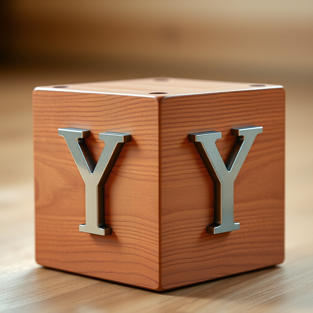 Create a high-resolution 3D rendering of a wooden cube with a metallic 'Y' symbol on each side, using a DSLR camera with a 50mm lens, ISO 100, aperture f/2.8, and a focal length of 50mm, shot from a low angle to emphasize depth and texture, with soft natural lighting to enhance details.