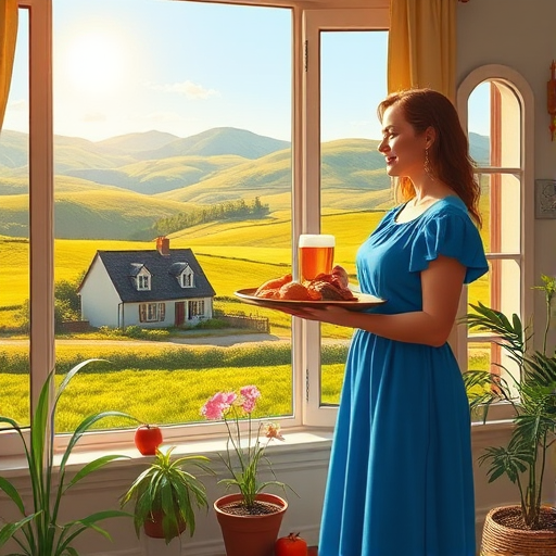 In "A Glass of Beer on the Highland," a serene scene is depicted in a sunlit room where a woman in a vibrant blue dress stands by a large window. She holds a tray with a hearty meal and a frothy glass of beer, embodying a moment of relaxation. Outside, the breathtaking highland landscape features rolling green hills and a charming traditional house, all bathed in warm afternoon light. The interior is adorned with potted plants, creating a harmonious blend of comfort and nature. The painting beautifully captures the tranquility and joy found in simple pleasures amidst stunning scenery