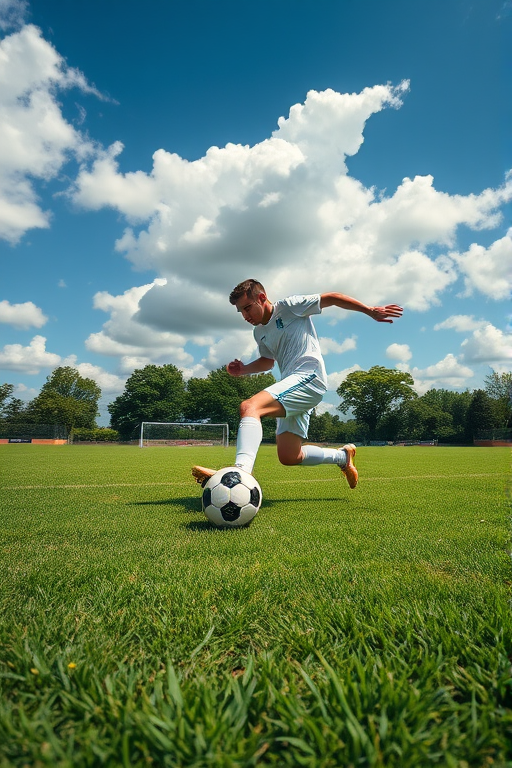 A dynamic shot of a soccer player in white uniform kicking a black and white soccer ball on a well-maintained green field under a bright blue sky with fluffy clouds, captured with a Canon EOS R5 camera, 50mm lens, aperture f/1.8, shutter speed 1/500s, ISO 100, in a slightly low-angle shot to emphasize action and depth.