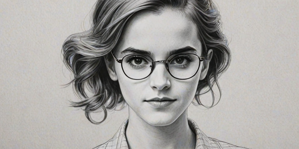 Comely Emma Watson, pencil sketch, portrait of Graceful woman 1942s in glasses, hair style beatnik, outline, clear lines, fine lines, 8k