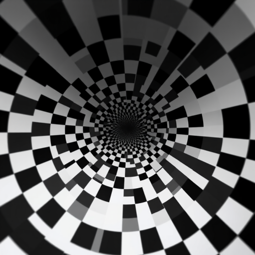 Create a high-resolution black and white spiral optical illusion with a checkerboard pattern radiating outward from the center, captured with a Canon EOS R5, 50mm lens, f/8 aperture, ISO 100, in a symmetrical perspective.