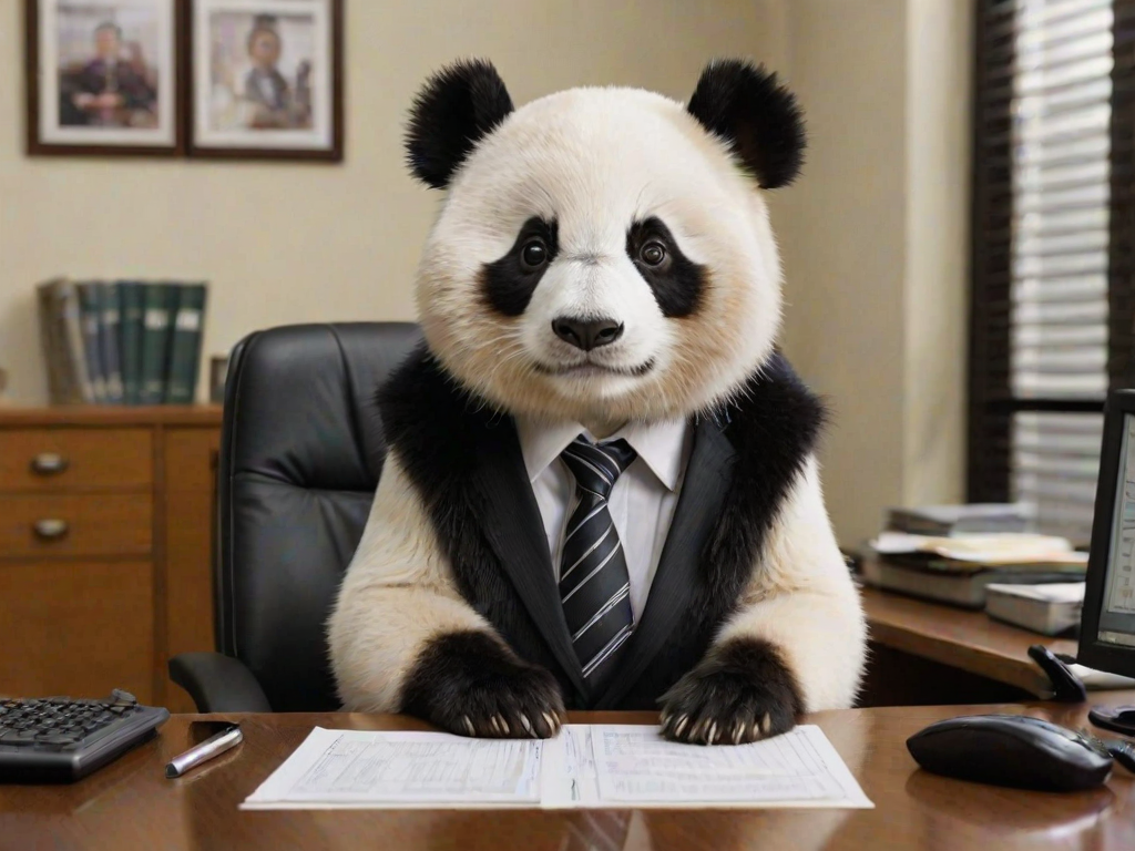 This high-resolution photograph captures a teen panda, with her distinctive black and white fur, sitting at an office desk. Huahua is dressed in a sharp, well-fitted suit, complete with a tie and neatly pressed shirt. The suit is detailed with fine stitching and a professional look, contrasting with her fluffy fur.