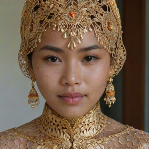 Face, shoulders, chest covered in openwork Malay embroidery. Raw, unedited image.
