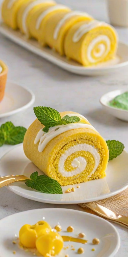 Create an image of a bright yellow dessert roll, featuring a smooth sponge cake filled with cream. The roll is decorated with mint leaves and small edible eggs nestled in delicate white chocolate cups on top. The setting includes a white plate with a golden serving spatula and a few small bowls filled with snacks in the background.