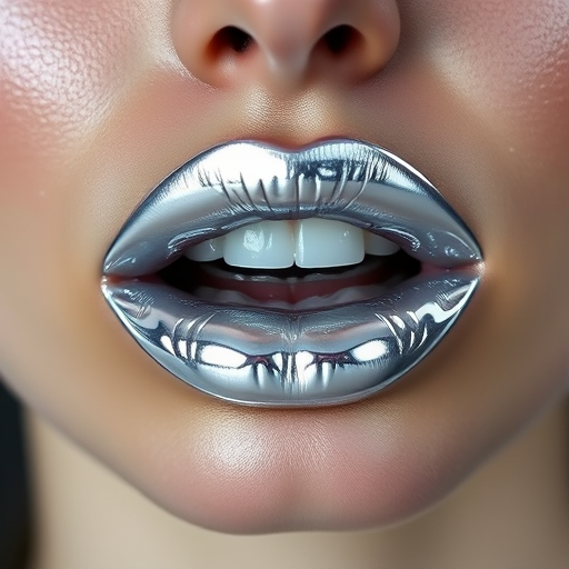 Metallic silver lips with a chrome-like finish, reflecting light and creating a futuristic, space-age look for an avant-garde runway show