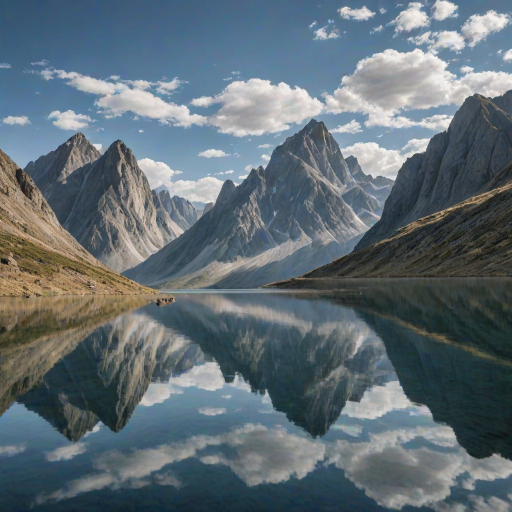 a serene landscape featuring tall, rugged mountains rising from a calm, reflective water surface under a bright blue sky with scattered clouds