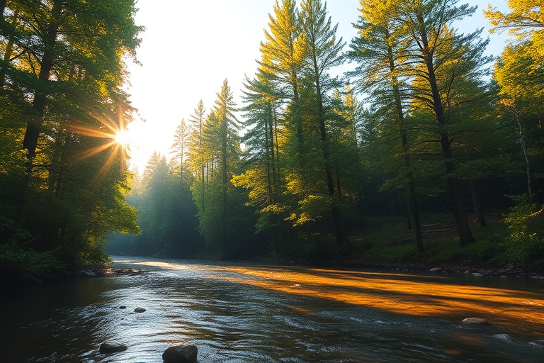 Create an image of a serene, sunlit forest scene with a clear, gently flowing river. Tall trees with lush green foliage line both sides of the river, their leaves bathed in the warm golden light of the setting or rising sun. The sunlight filters through the trees, casting soft, dappled light on the river, which flows over smooth rocks and pebbles, creating a peaceful, natural atmosphere. The sky is bright with a few scattered clouds, and the overall mood is tranquil, evoking a deep sense of connection with nature. The image captures the beauty of a calm, pristine forest landscape at either dawn or dusk.