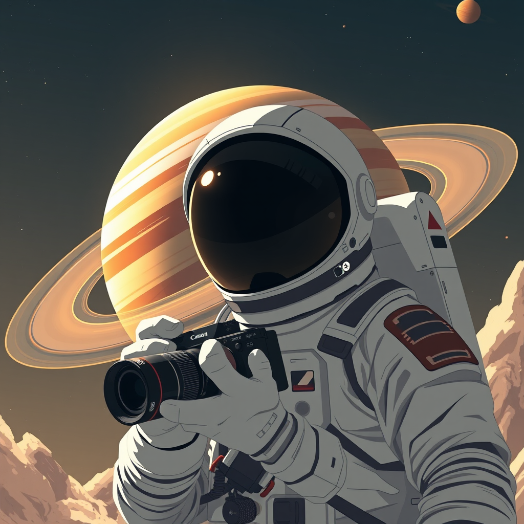 Create an illustration of an astronaut holding a camera with a Saturn-like planet in the background, captured in high resolution using a Canon EOS R5 camera, aperture f/2.8, ISO 100, focal length 50mm, shot from a low angle to enhance the perspective and depth, in a digital art style.