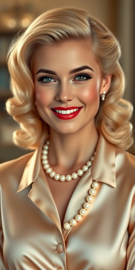 A beautiful Caucasian woman reminiscent of 1950s Hollywood glamour, with perfectly styled blonde hair and a seductive smile, dressed in a satin blouse and adorned with pearls, soft and warm tones, photorealistic, 8K