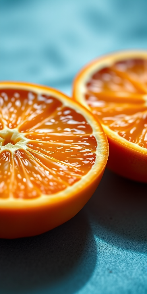 high-resolution macro shot of two halves of a fresh orange with vibrant colors and detailed texture, using a DSLR camera with a 100mm macro lens, aperture f/2.8, ISO 100, 1/200 sec shutter speed, natural light, and a slightly blurred background for depth.