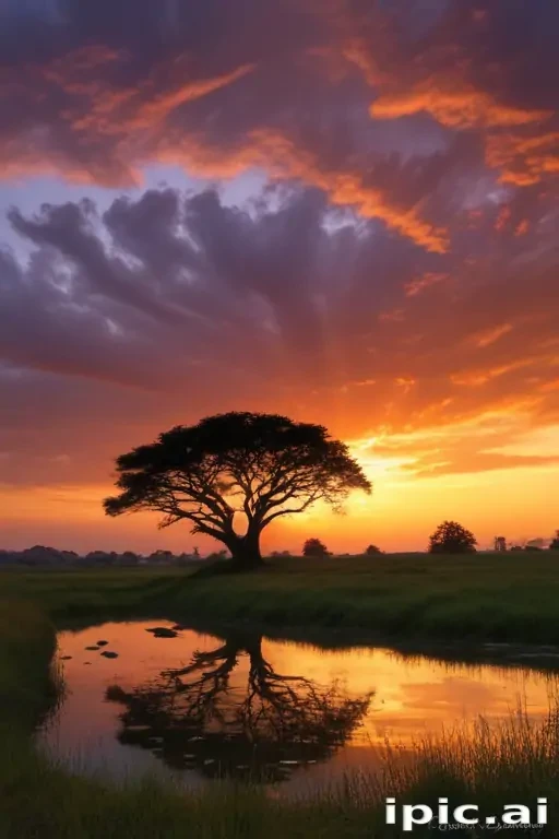 Serene Sunset Over a Tranquil River with a Majestic Tree Reflection