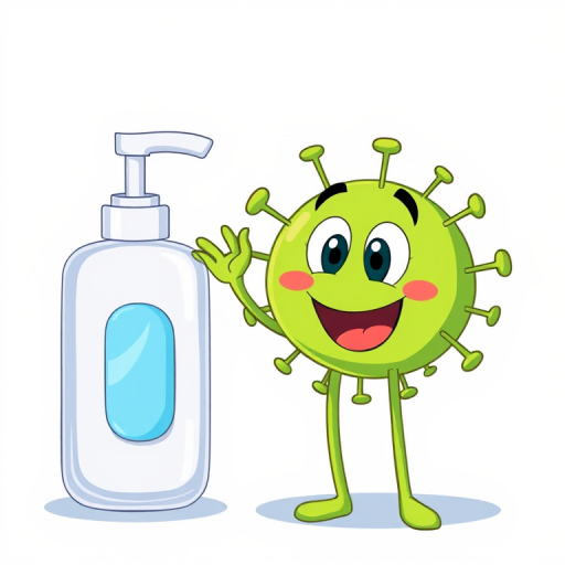 Create a colorful cartoon illustration featuring a friendly green virus character waving next to a large soap dispenser, with a light blue background, using a digital drawing style, high resolution, and set the camera type to digital art, camera view to wide-angle for better composition, with enhanced brightness and contrast settings to improve clarity.