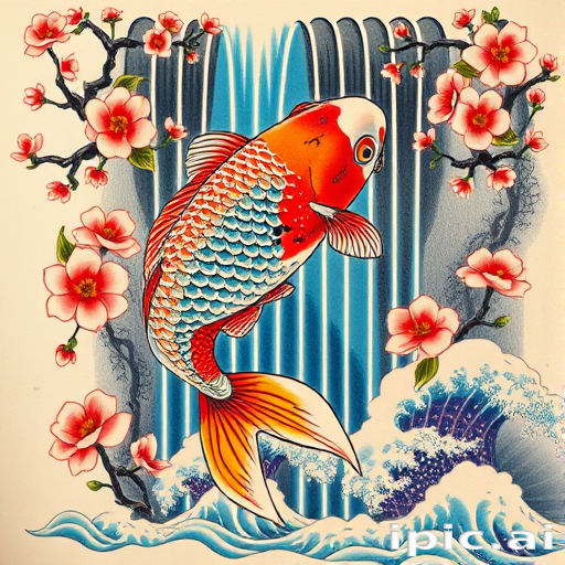 Japanese-inspired irezumi tattoo titled "Koi Ascension" depicting a large, colorful koi fish swimming up a waterfall, surrounded by cherry blossoms and traditional wave patterns in vibrant hues