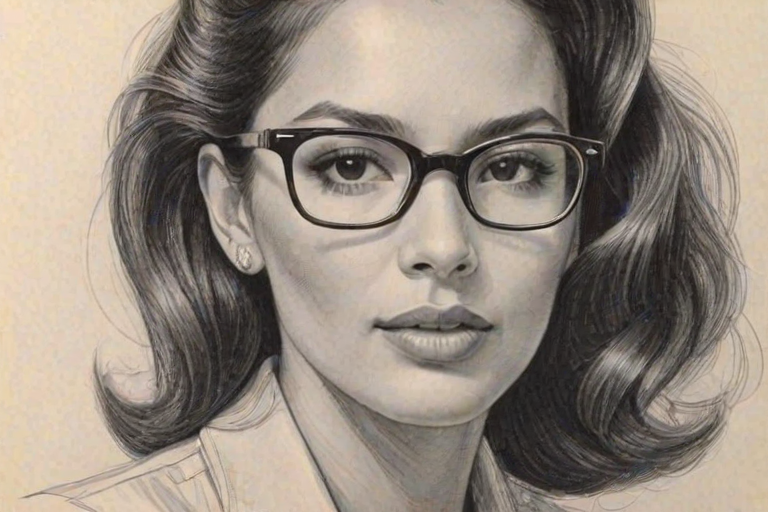 Wonderful Nadine Velazquez, pencil sketch, portrait of Dazzling woman 1940s in glasses, hair style beatnik, outline, clear lines, fine lines, 8k