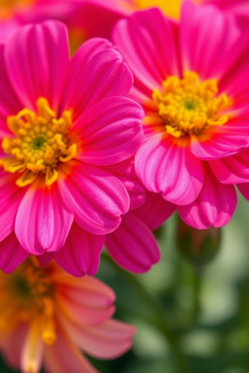 close-up of vibrant pink and yellow flowers with shallow depth of field, natural soft lighting, camera settings: f/2.8, ISO 100, shutter speed 1/200, camera view: macro perspective, camera style: vivid colors, camera type: DSLR