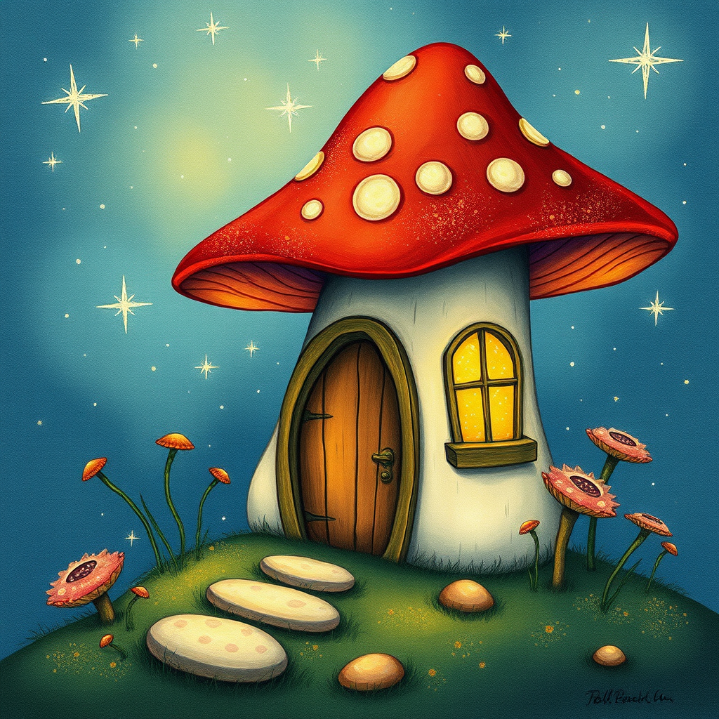 this photo is illustration of a mushroom house with a door and a window, a storybook , fantasy art, mushroom house, bg starry sky, sparkles