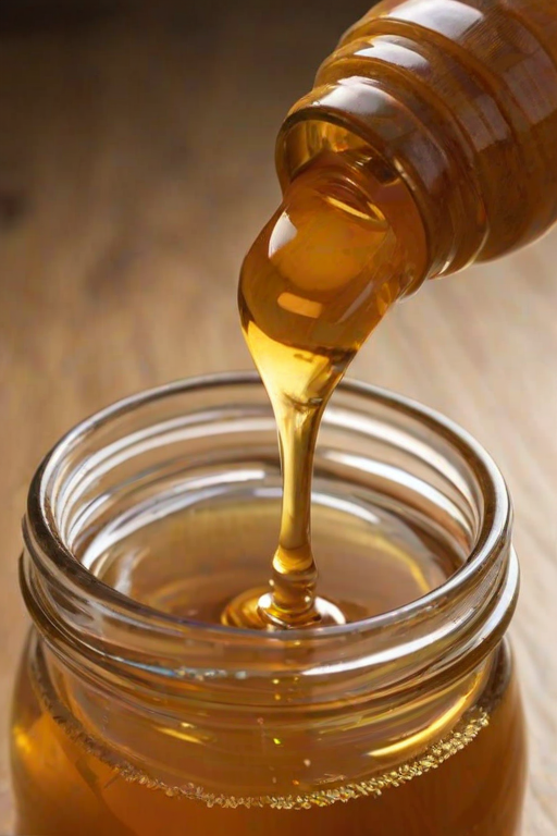 Sharp, high-resolution close-up of a drop of honey slowly dripping from a wooden spoon into a jar, soft sunlight reflecting off the liquid, tiny details of the jar's glass visible, and the smell of sweet honey filling the air.