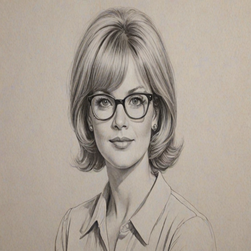 Superb Bonnie Hunt, pencil sketch, portrait of Delightful woman 1963s in glasses, hair style beatnik, outline, clear lines, fine lines, 8k