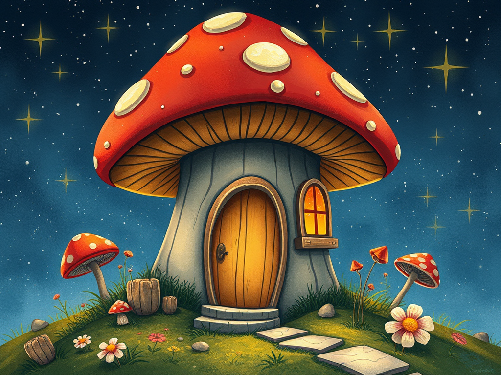 this photo is illustration of a mushroom house with a door and a window, a storybook , fantasy art, mushroom house, bg starry sky, sparkles