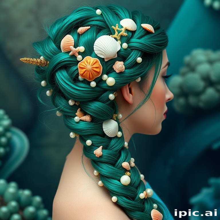 Emerald green mermaid braid adorned with pearls and seashells, Coral's hair cascades down in an intricate plait, showcasing vibrant hues and oceanic accents that evoke undersea beauty