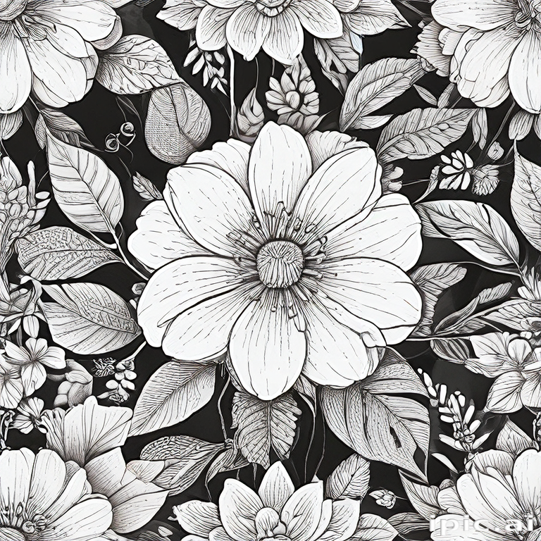 Elegant Black and White Floral Pattern with Intricate Leaf Designs