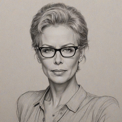 Stunning Jamie Lee Curtis, pencil sketch, portrait of Bewitching woman 1942s in glasses, hair style beatnik, outline, clear lines, fine lines, 8k