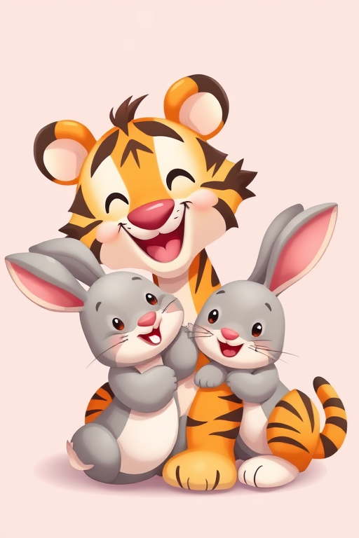 Create a playful illustration of a cartoon tiger and rabbit interacting joyfully in a soft pastel background, using a digital art style with high saturation, enhanced contrast, and soft shadows, capturing the essence of fun through a close-up view for detailed expression.