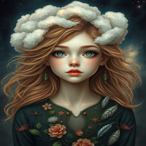 Create a series of imaginative portraits where each subject is infused with elements of fantasy and nature. The hair of the individuals should flow like clouds, varying from soft, fluffy cumulus to wispy cirrus strands, with hints of color reflecting a sunset or a clear blue sky. The eyes should be windows to entire galaxies, with stars, nebulae, and distant planets visible within them. Clothing should be adorned with nature motifs, such as floral patterns that bloom and change, vines that seem to grow and wrap around, or feathers that shimmer with iridescence. Each portrait should capture a unique personality, blending human features with the ethereal beauty of the natural and cosmic world. The backgrounds can vary, from starry night skies to enchanted forests, adding depth and context to the magical realism of the portraits