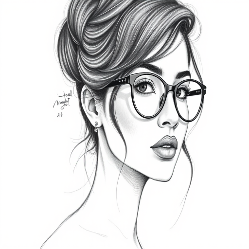 hot mia khalifa, pencil sketch, portrait of beautiful woman 60s in glasses, hair style beatnik, outline, clear lines, fine lines, 8k