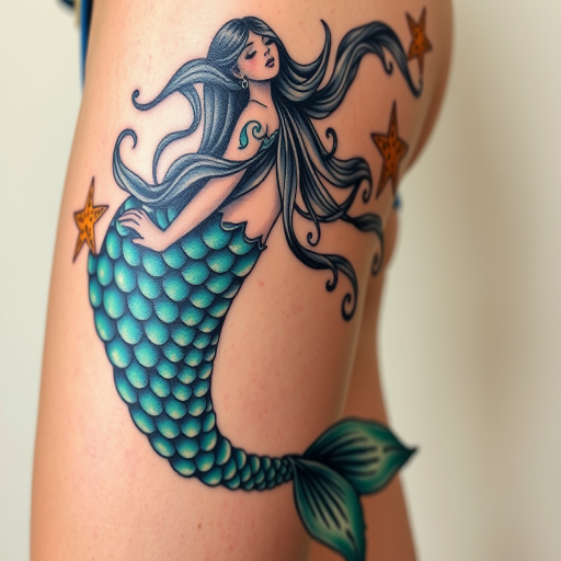 Neo-traditional mermaid tattoo on thigh, scales shimmering with iridescent blues and greens, long flowing hair intertwined with seaweed and starfish