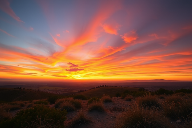 Create a high-resolution image of a scenic landscape with vibrant colors during sunset, using a DSLR camera set to ISO 100, aperture f/11, shutter speed 1/125s, wide-angle lens 24mm, taken from a low angle perspective to capture foreground details and depth.
