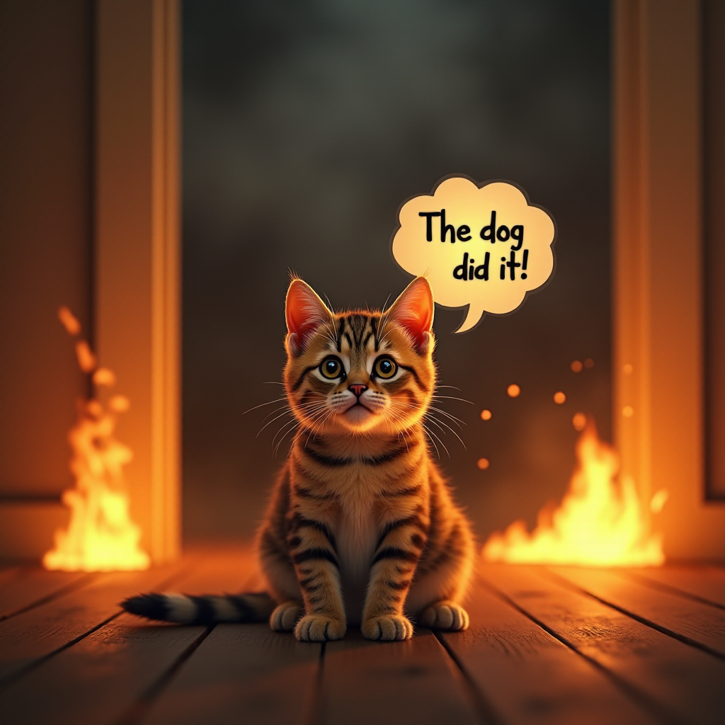 Photorealistic image of an innocent-looking cat sitting calmly in the middle of a burning room. Flames engulf the room, with fire licking up the walls and smoke filling the air. The cat is sitting on the floor, looking directly at the viewer with wide, innocent eyes. Above the cat, a speech bubble says "The dog did it!" The contrast between the cat's calm demeanor and the chaos around it creates a humorous and surreal scene.