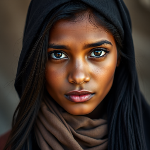 Create a portrait of a young Sri Lankan woman with long, dark hair and captivating hazel eyes. She is wearing a dark headscarf and a matching scarf draped gracefully around her neck. The background is softly blurred, focusing attention on her serene and natural expression. The overall color palette is muted and warm, enhancing the intimate and authentic feel of the portrait.