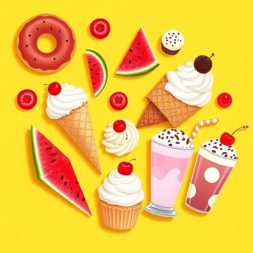 Create a vibrant illustration of assorted desserts including a donut, watermelon slices, ice cream cones, cupcakes with frosting, cherries, and milkshakes arranged on a bright yellow background, using an 85mm lens with f/2.8 aperture, ISO 100, and soft natural lighting to enhance colors and details.