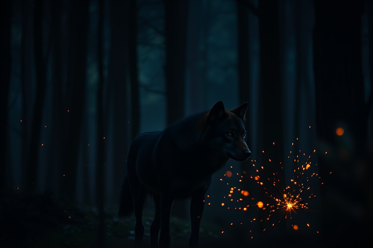 Create a mystical wolf in a dark enchanted forest at night, capturing glowing sparks and ethereal light trails around its silhouette, use a Canon EOS R5 with a 50mm f/1.2 lens, aperture set to f/2.8, ISO 800, and a shutter speed of 1/100s for enhanced clarity and detail.